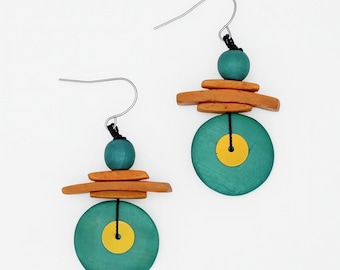 Teal and Orange Wood Earrings, Modern Geometric Dangle Earrings, Handmade Lightweight Statement Jewelry, Artistic Earrings for Women