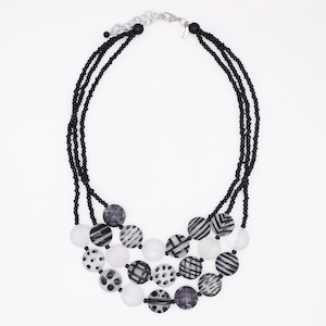 Black and White Statement Necklace, Multi Strand Beaded Necklace, Polka Dot Geo Jewelry, Lightweight Layered Necklace, Modern Art Jewelry