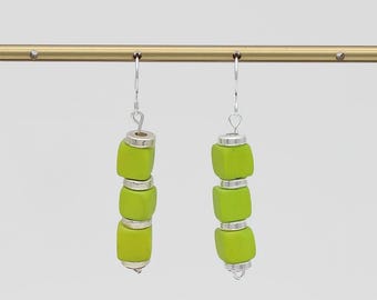 Lime Green Dangle Earrings, Lightweight Cube Bead Earrings, Minimalist Statement Earrings, Modern Geometric Jewelry,  Artisan Gift for Her