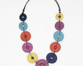 Modern Color Block Necklace, Colorful Wooden Circle Necklace, Adjustable Statement Jewelry, Handmade Contemporary Necklace for Women