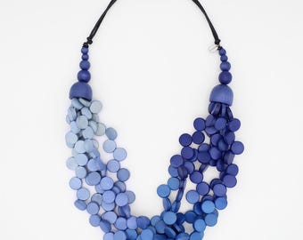 Blue Statement Necklace, Ombre Wood Bead Necklace, Adjustable Cord Necklace, Lightweight Bib Necklace, Handmade Boho Jewelry, Artisan Gift