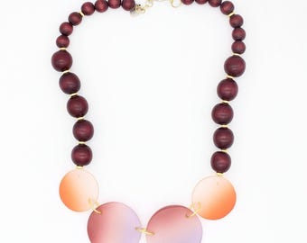 Burgundy Statement Necklace, Blush Pink Resin Necklace, Wood Bead Necklace, Lightweight Geometric Necklace, Modern Artisan Jewelry for Women