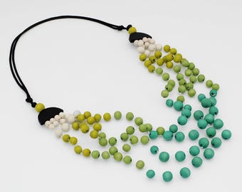 Lime and aqua Lightweight Statement necklace, Comfortable Bold wooden Jewelry