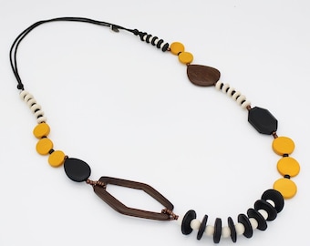 Mustard Wood Bead Necklace, yellow statement necklace, bold necklace, handcrafted mustard necklace, artistic necklace