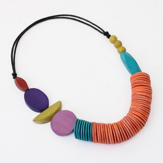 Multicolor Wood Chunky Necklace Orange Statement Necklace - Etsy