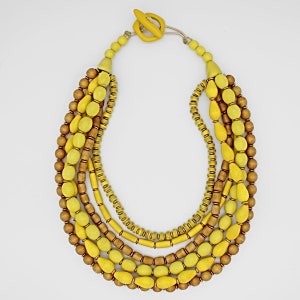Yellow Wood Bead Statement Necklace: Handcrafted Boho Bib Jewelry