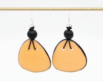 Peach Statement Earrings, Blush Resin Dangle Earrings, Lightweight Modern Earrings, Black Wood Bead Earrings, Contemporary Artisan Jewelry