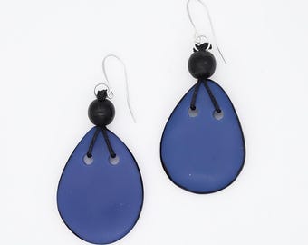 Blue Teardrop Statement Earrings, Cobalt Resin Dangle Earring, Lightweight Modern Earrings, Black Wood Bead Earrings, Modern Artisan Jewelry
