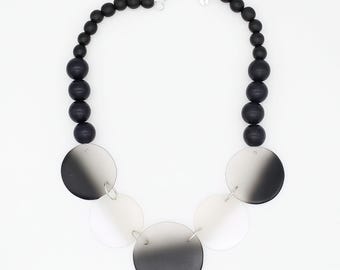 Black Statement Necklace, Monochrome Resin Disc Necklace, Black Wood Bead Necklace, Modern Geometric Bib Necklace, Handmade Jewelry