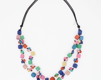 Colorful Cube Statement Necklace, Handmade Wooden Bead Necklace, Multi Strand Modern Necklace, Lightweight Artisan Jewelry, gift for her