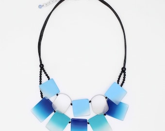 Blue Ombre Statement Necklace, Geometric Resin Necklace, Modern Bib Necklace, Lightweight Artisan Jewelry, Adjustable Statement Necklace