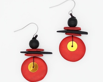 Red Black Statement Earrings, Geometric Wood Earrings, Lightweight Modern Dangle Earring, Contemporary Artisan Jewelry, Bold Circle Earrings