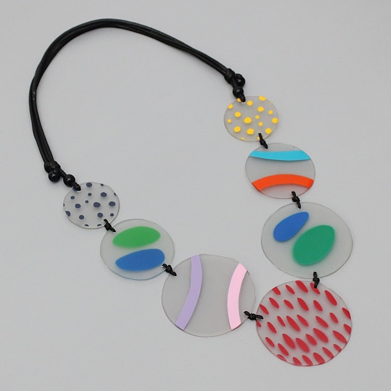 Multicolor statement Necklace, Disc Necklace, Modern Necklace, art to wear jewelry, link necklace, frosted necklace, hand painted necklace image 1
