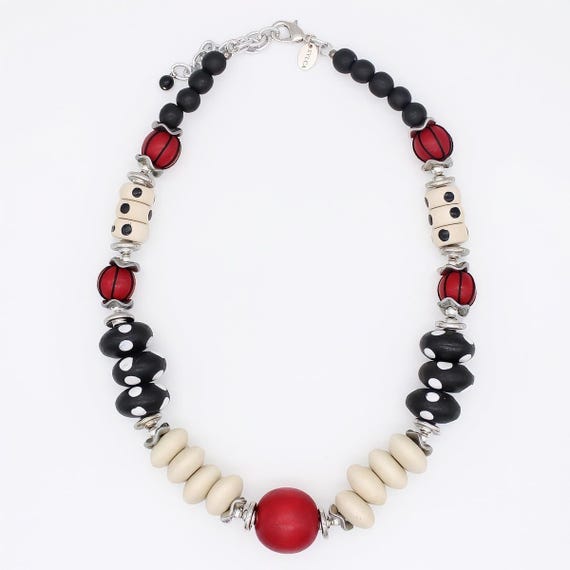 Bold Beaded Necklace Set, Red Black Cream Statement Jewelry, Polka Dot Necklace with Matching Earrings, Handmade Chunky Necklace