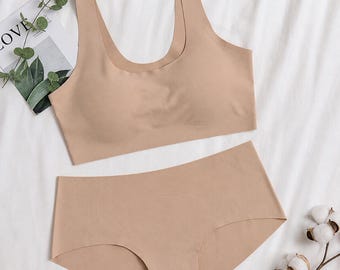 Soft Comfortable Everyday Lingerie, Solid Color Matching Underwear Set