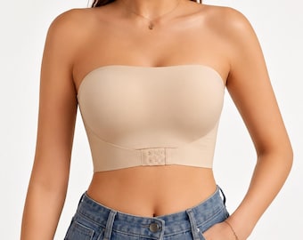 Women's Strapless Front Closure Bra | Seamless No Padding Bandeau Bra | Comfortable Smooth Tube Top Underwear | Everyday Wireless Bra