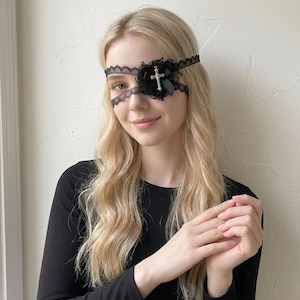 Black Lace Eyepatch, Victorian Gothic Costume Accessory, Cosplay Party Ribbon Patch