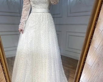 Vestido de novia bordado a mano, vestido de novia largo blanco, vestido civil bordado a mano