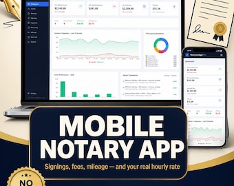 May include: A laptop and smartphone displaying the NotaryLedgerPro dashboard with financial charts, income, and expense data. A fountain pen, a document with a gold seal, and a badge stating NO SUBSCRIPTION are visible. Text reads MOBILE NOTARY APP.