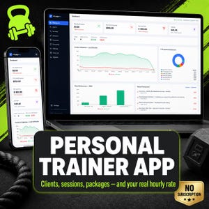 May include: A laptop and smartphone displaying the PTLedgerPro dashboard with financial charts, income, and expense data. A black sign in the foreground reads PERSONAL TRAINER APP, Clients, sessions, packages — and your real hourly rate.