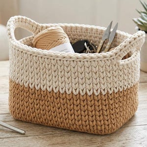 Waistcoat stitch basket pattern, Color block crochet basket PDF, 5mm cotton cord, Thick t-shirt yarn tutorial