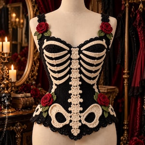 Può includere: Un corsetto all'uncinetto nero con un motivo a scheletro color crema che raffigura la gabbia toracica e la colonna vertebrale. Il capo è decorato con rose rosse e foglie verdi all'uncinetto sulle spalle e sui fianchi, con un orlo smerlato.