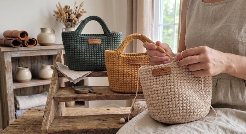 Op de afbeelding: Drie gehaakte tassen in donkergroen, mosterdgeel en beige, elk voorzien van een klein rechthoekig leren label met de tekst HANDMADE en een hartje. De beige tas wordt bewerkt met een houten haaknaald en bijpassend garen.