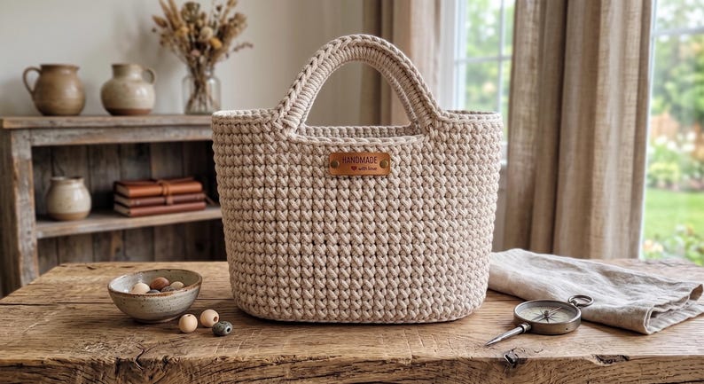 Op de afbeelding: Een beige gehaakte tas met twee ge&iuml;ntegreerde handvatten en een rechthoekig bruin leren label aan de voorzijde met de tekst "HANDMADE with love". De tas heeft een gestructureerd, herhalend steekpatroon en een brede opening.