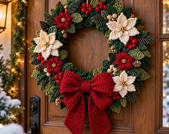May include: A circular holiday wreath made of crocheted green leaves, featuring red and cream-colored poinsettia flowers, small red berries, and gold-toned accents. A large, prominent red crocheted bow is attached to the bottom center of the wreath.