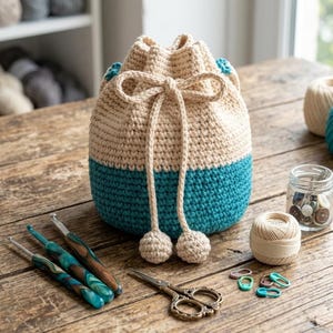 May include: A two-toned crochet drawstring bag featuring a cream-colored upper section and a teal lower section. The bag is cinched with a matching cream-colored cord that ends in two small crocheted spheres, tied in a bow at the front opening.