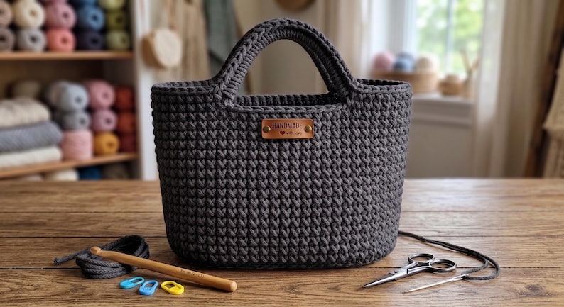 Op de afbeelding: Een donkergrijze gehaakte tas met twee ge&iuml;ntegreerde handvatten en een rechthoekig bruin leren label in het midden aan de voorzijde met de tekst HANDMADE with love. Een houten haaknaald, drie steekmarkeerders en een schaar liggen erbij.