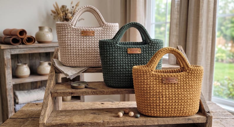 Op de afbeelding: Drie gehaakte handtassen in beige, donkergroen en mosterdgeel. Elke tas heeft een gestructureerde vorm, twee stevige handvatten en een klein rechthoekig label in lederlook aan de voorzijde met de tekst Handmade with love erop.