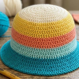 Op de afbeelding: Een gehaakte bucket hat met horizontale strepen in crème, geel, koraal, lichtturquoise en donkerturquoise. De hoed is gemaakt met een dicht steekpatroon en een brede rand. Een 5,0 mm haaknaald ligt op de voorgrond.