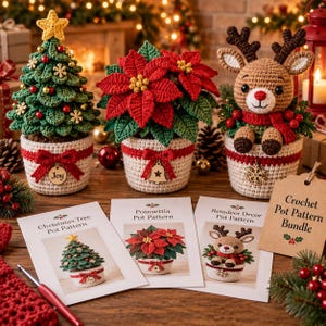 May include: Three crocheted Christmas decorations in cream pots: a green tree with gold stars, a red poinsettia, and a brown reindeer. Each pot features a red ribbon and a wooden charm. Three printed pattern cards and a bundle tag are included.