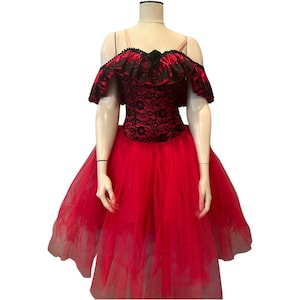 Fantastic vintage red satin and black lace saloon girl, cancan girl, show girl, burlesque costume-Small