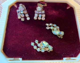 Vintage sparkly fancy Aurora Boreralis clip on rhinestone crystal rhinestone earrings-1 pr left!