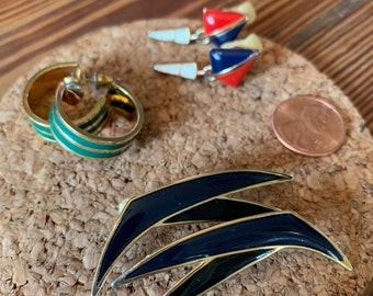 Lot of 3 pr vintage enamel earrings, clip, pierced