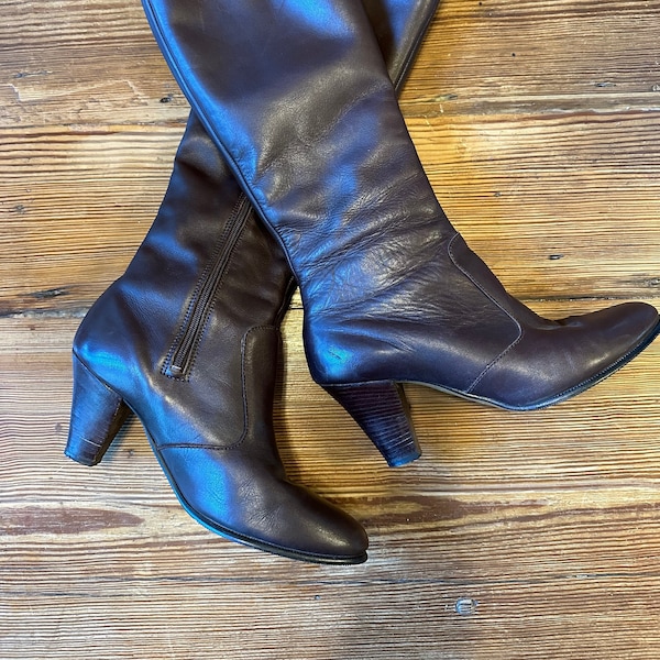 70s Old Maine Trotters brown leather tall zip up dress boots-Sz 7