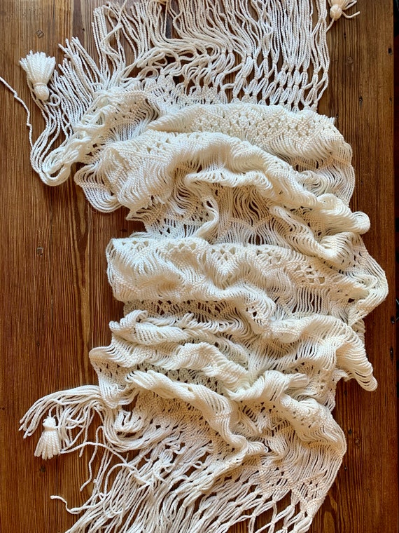 70s cream hand crocheted shawl, wrap-85"Long