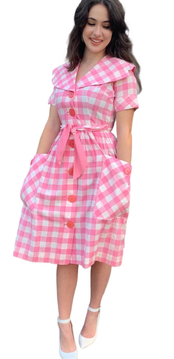 Darling 50s Pink Gingham Checkerboard Cotton Dress-26"W