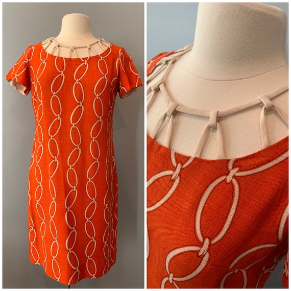 Gorgeous 60s orange chain print shift dress-36"W - image 1