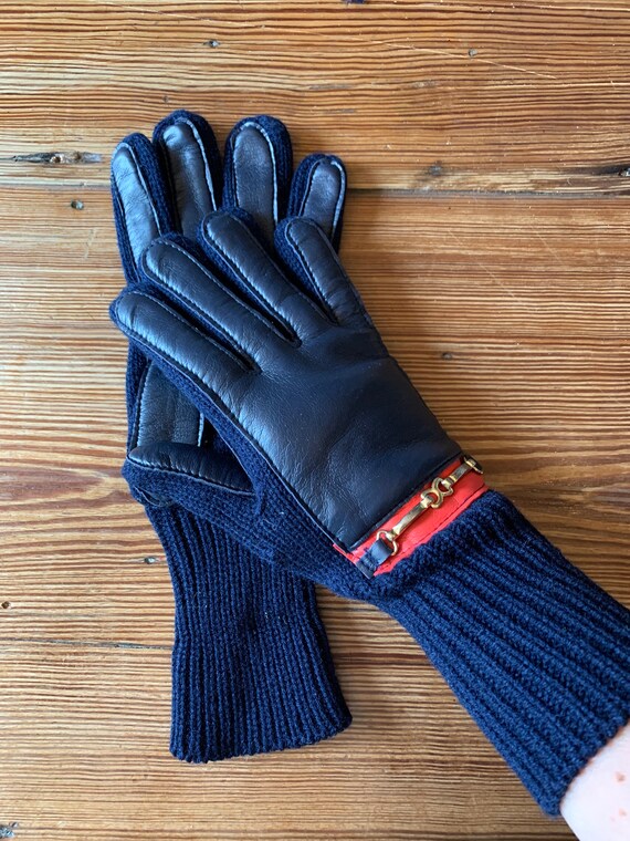 Darling red and navy 70s knit and vinyl gloves-NOS View 2