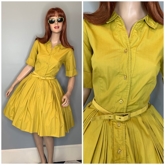 60s olive green shirtdress-Small
