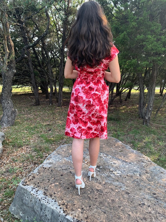 Red, pink cotton leaf wiggle dress w/pockets-26-2… - image 4