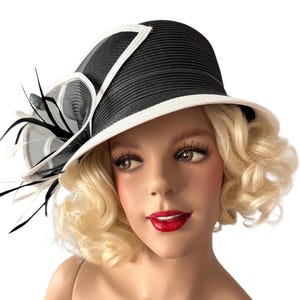 80s Fancy Sunday church ,Kentucky Derby hat in black and white with feathers