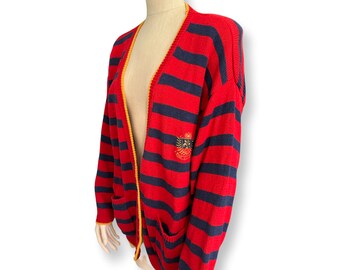 Red, blue, yellow striped One Step Up 80s oversized cardigan,long sweater-44"bust