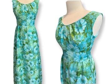 70s Sun Fashions of Hawaii green floral maxi dress, holiday dress, cruise wear-30"W