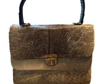 Deer hide hair on leather mid century 2 compartment top handle bag, purse