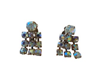 Vintage sparkly fancy Aurora Boreralis clip on rhinestone crystal rhinestone earrings-1 pr left!