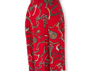Red 80s pleated equestrian skirt, horse tack-25" W